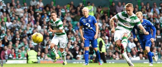Celtic striker Leigh Griffiths has a penalty saved against Stjarnan