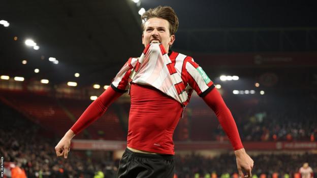 Sander Berge celebrates after his goal ended any slim hope of a Wrexham comeback