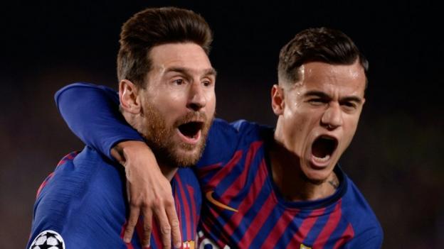 Image result for Manchester United's Champions League run ended in the quarter-finals as Lionel Messi inspired Barcelona to a crushing victory in the second leg at the Nou Camp.