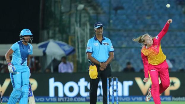 England's Sophie Ecclestone bowling during the Women's T20 Challenge in India in 2019