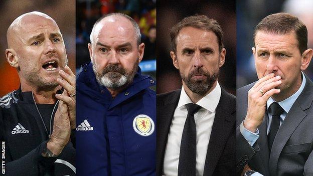 Le manager du Pays de Galles Rob Page, le patron de l'Ecosse Steve Clarke, le manager de l'Angleterre Gareth Southgate et le patron de l'Irlande du Nord Ian Baraclough