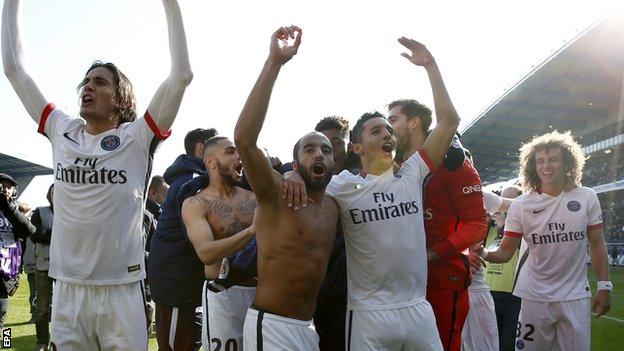 Paris St-Germain players celebrate winning the 2016 Ligue 1 title after an emphatic 9-0 win at Troyes