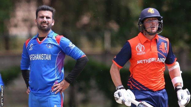 Afghanistan bowler Dawlat Zadran in action against the Netherlands