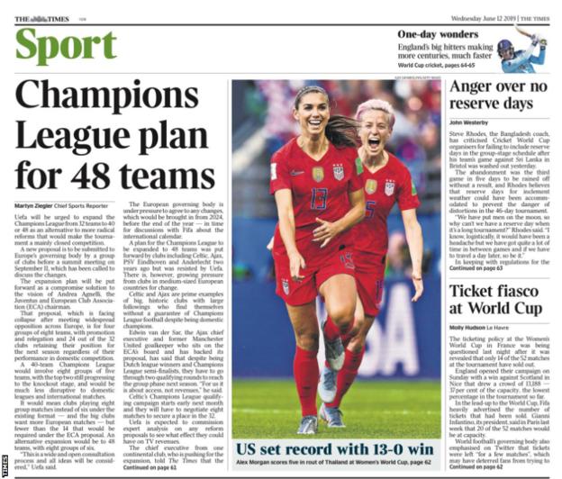 Wednesday's Times back page reads: 'Champions League plan for 48 teams'