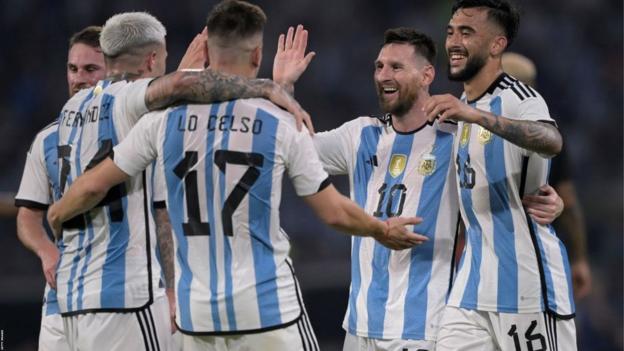 Lionel Messi celebrates passing 100 international goals with a seventh hat-trick for Argentina in a 7-0 win over Curacao in Santiago del Estero