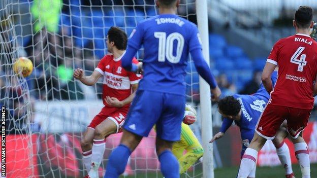 Sean Morrison heads Cardiff City into the lead against Middlesbrough