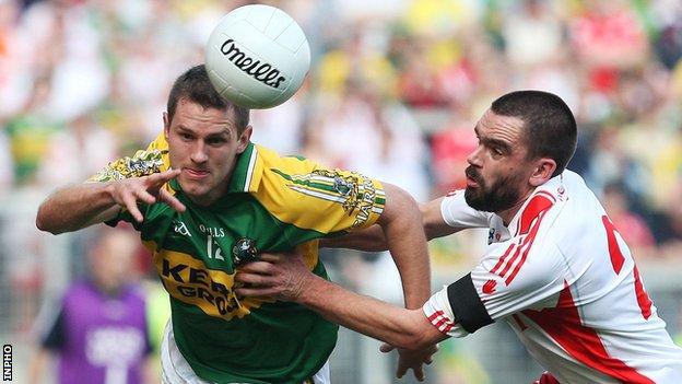 Tyrone's Ryan McMenamin battles with Kerry's Eoin Brosnan in the 2008 All-Ireland final