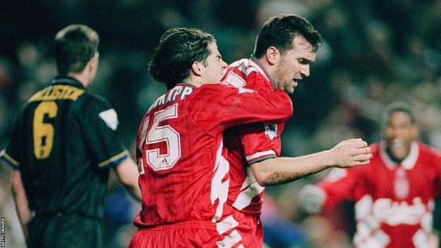 Neil Ruddock celebrates his late equaliser versus Manchester United in 1994