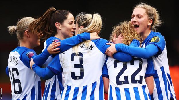 Brighton players celebrate Katie Robinson's goal against Bristol City in WSl