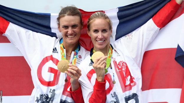 Helen Glover and Heather Stanning with their gold medals at the 2016 Rio Olympics