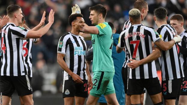 Newcastle players celebrate after being Southampton in the EFL Cup semi-finals