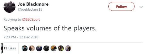 Tweet from Joe Blackmore saying 'Speaks volumes of the players'
