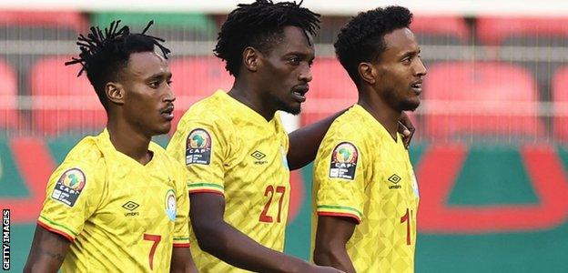 Ethiopia celebrate their goal against Cameroon