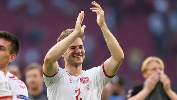 Joachim Andersen celebrating Denmark's win over Wales at Euro 2020