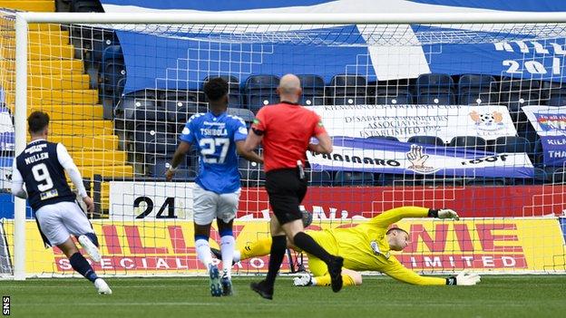 Danny Mullen opens the scoring at Rugby Park in Monday's second leg