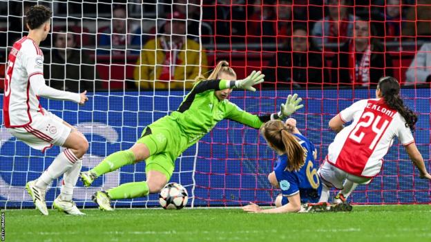 Chelsea's Sjoeke Nusken scores against Ajax in the Women's Champions League quarter-final first leg