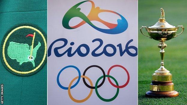 The Masters logo, Rio Olympics logo and Ryder Cup trophy