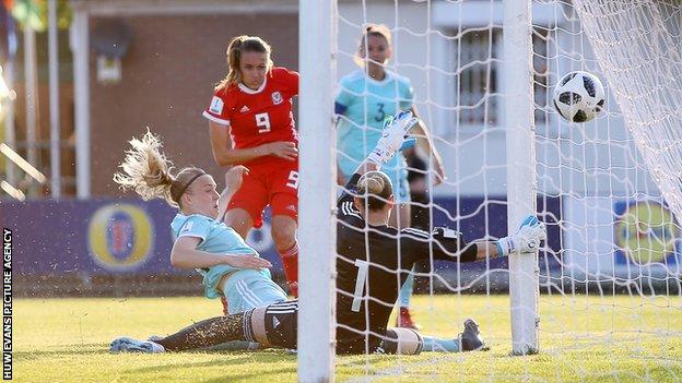 Kayleigh Green of Wales scores a goal