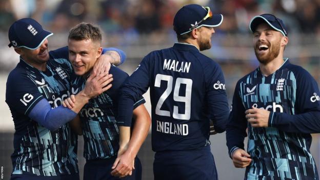 England's Sam Curran celebrates taking a wicket in second ODI v Bangladesh