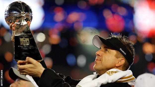 Sean Payton of the New Orleans Saints celebrates with the Vince Lombardi Trophy after his team defeated the Indianapolis Colts at the 2009 Super Bowl