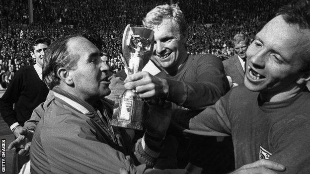 Nobby Stiles celebrates England's 1966 World Cup win with Sir Alf Ramsey and Bobby Moore