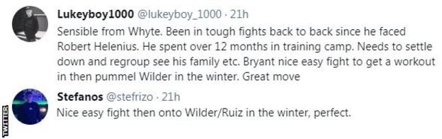 Fans on Twitter are happy to see Whyte fight Bryan next, with one fan saying it's a 