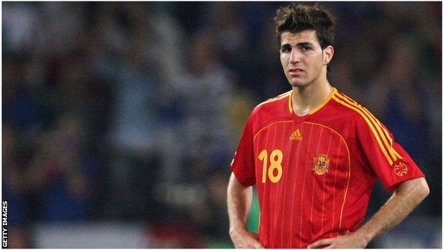 A 19-year-old Fabregas looks dejected as Spain are eliminated by France on the last 16 of the 2006 World Cup.