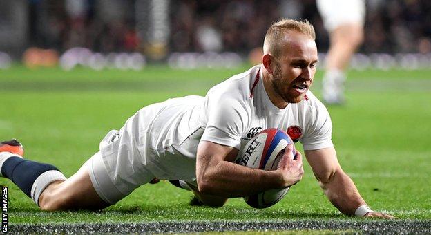 Dan Robson scores a try for England