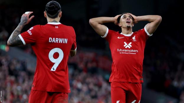 Trent Alexander-Arnold of Liverpool reacts after a missed chance
