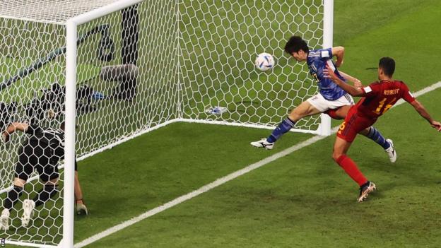 Kaoru Mitoma scores Japan's second goal against Spain