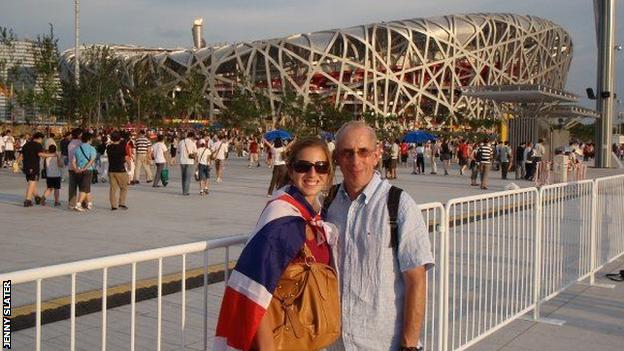 Jenny and Jeremy Slater in front of the Bird's Nest Stadium in Beijing