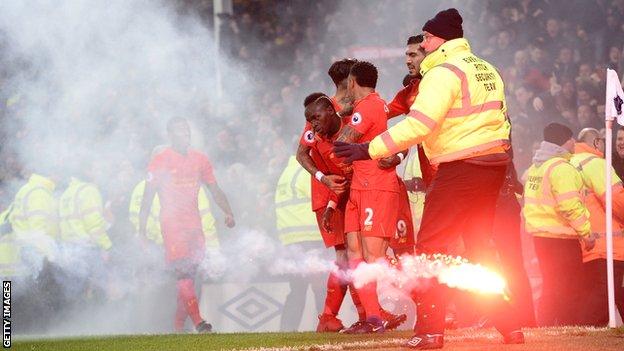 Sadio Mane is mobbed after scoring a 94-minute winner against Everton at Goodison Park on 19 December 2016