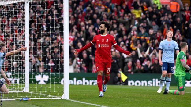 Mohamed Salah celebrates after scoring
