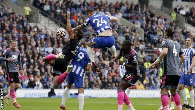 Jannik Vestergaard was penalised for handling Shane Duffy's header but Leicester felt the defender was being held by Neal Maupay