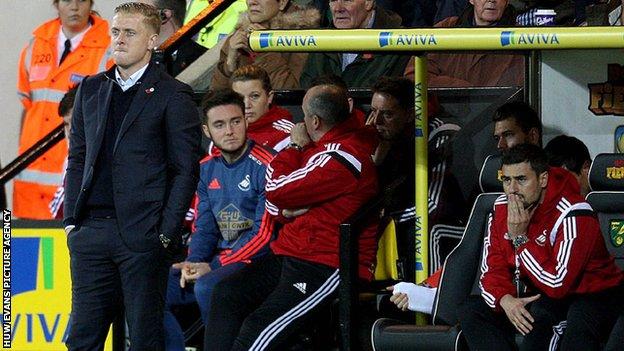 Garry Monk looks on during Swansea's defeat at Norwich