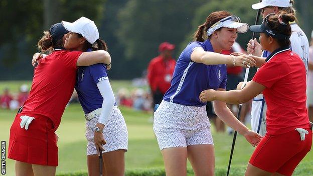 Celine Boutier and Georgia Hall hug Ally Ewing and Meghan Khang