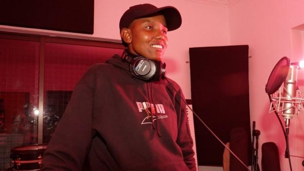 South Africa women's football goalkeeper Andile Dlamini in a recording studio