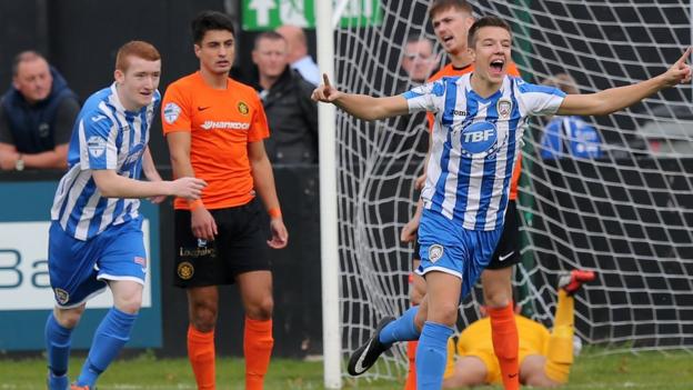 Brad Lyons celebrates after scoring an early goal for Coleraine in their 2-1 Irish Premiership win at Carrick Rangers
