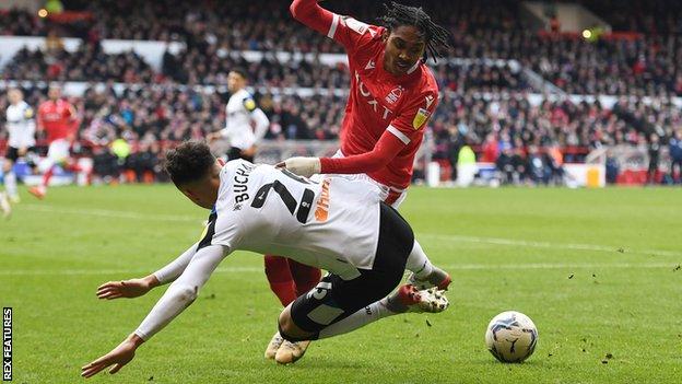 Nottingham Forest Djed Spence in action against Derby County