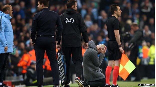 Pep Guardiola falls to his knees on the touchline