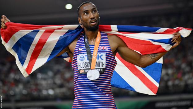 Silver medalist Matthew Hudson-Smith celebrates after the Men's 400m at the World Athletics Championships in Budapest.