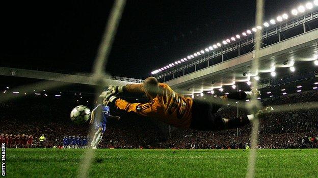 Liverpool keeper Pepe Reina saves from Chelsea's Arjen Robben during the penalty shootout that decided the 2007 Champions League semi-final. The Reds won it 4-1