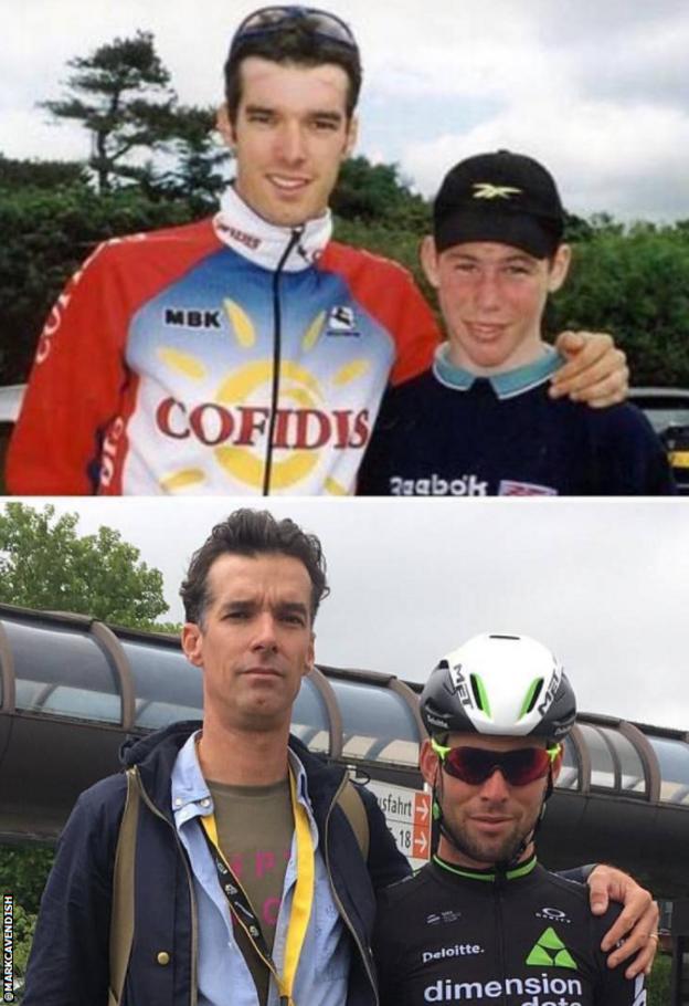 Two photos of Mark Cavendish and David Millar, together, the first taken in 1999, the second in 2017