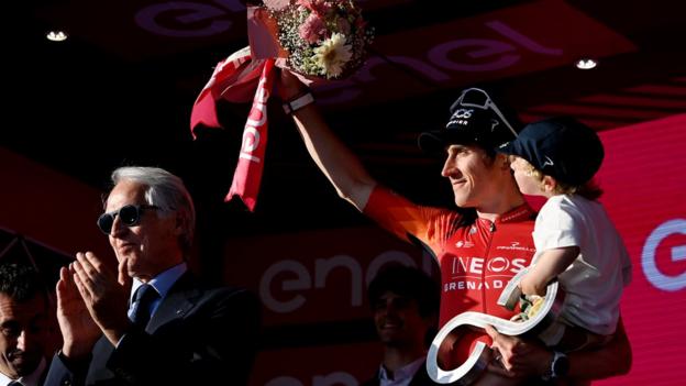 Geraint Thomas and son Macs on the Giro d'Italia podium