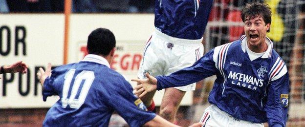 Brian Laudrup's 10th minute header against Dundee United helped seal nine titles in a row