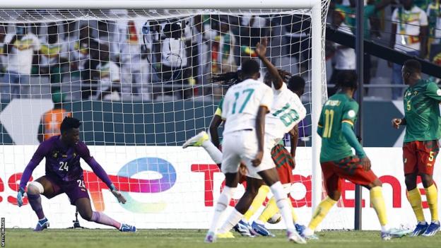 Ismaila Sarr scores for Senegal against Cameroon at the 2023 Africa Cup of Nations