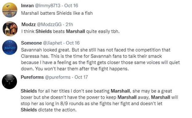 Boxing fans on Twitter make Claressa Shields v Savannah Marshall predictions. One fan says "Marshall batters Shields like a fish" and another says "I think Shields beats Marshall quite easilty".