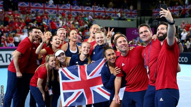 Great Britain celebrate beating Kazakhstan in the Fed Cup in 2019