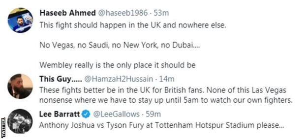Fans on Twitter calling for Joshua-Fury to take place in London, with one saying he wants to see it at Tottenham Hotspur Stadium