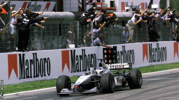 Mika Hakkinen crosses the finish line to win the Spanish Grand Prix in May 2000